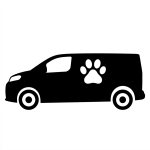 Gray delivery van with a white paw print decal on the side panel.